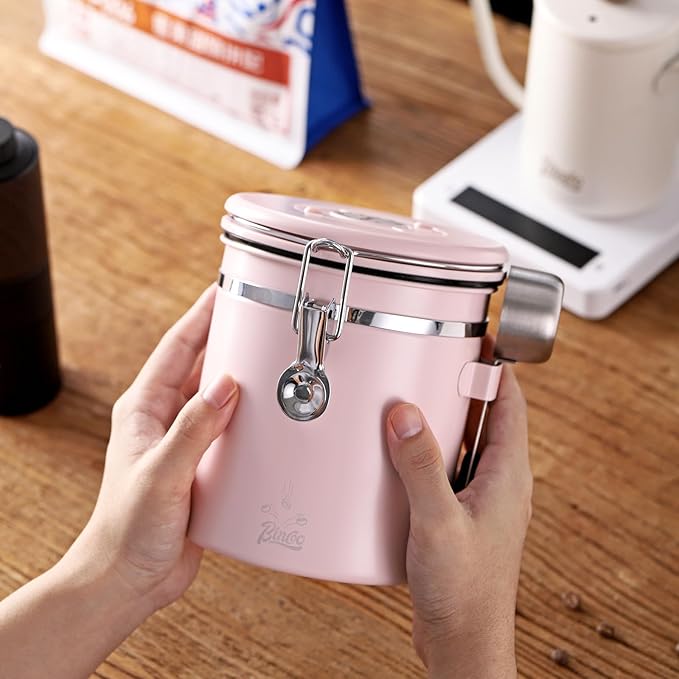 Bincoo Premium Pink Coffee Canister, 1500ml/18oz Large Airtight Stainless Steel Coffee Bean Storage Container with Date Tracker & Scoop (1500ML)
