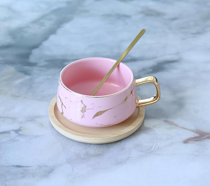 YBK Tech Porcelain Tea Cup Coffee Mug Set for Afternoon Tea - Marble Pattern (Pink, Short 300ml + wood saucer)