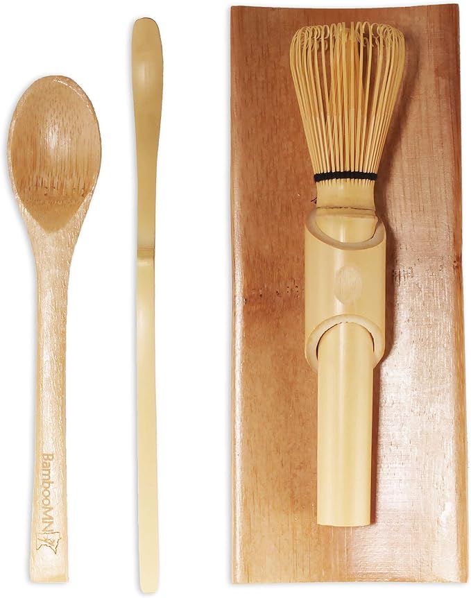 BambooMN Matcha Whisk Set - Skinny Golden Chasen (Tea Whisk), Tray, Chashaku (Hooked Bamboo Scoop), Tea Spoon - 1 Set