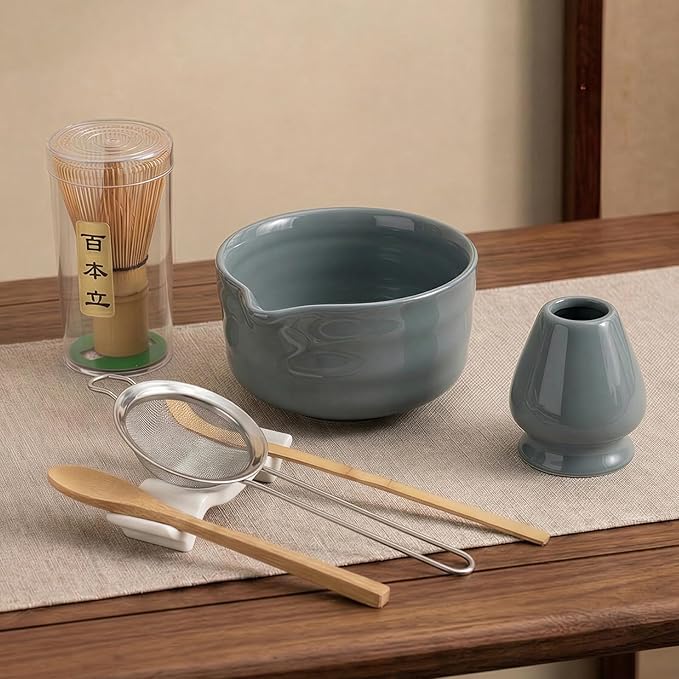 YOLIFE 7 Pcs Matcha Whisk Set, Includes Matcha Bowl with Spout, Bamboo Whisk (Chasen) with Ceramic Holder, Scoop and Powder Spoon, Sifter, Matcha Kit for Ceremony (Gray)