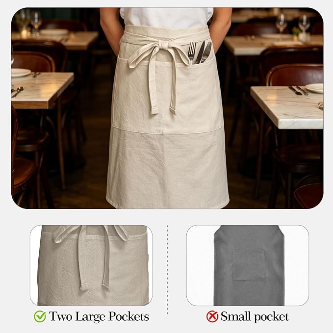 Cityelf Half Apron for Women Men Cotton Linen with 2 Large Pockets Waist Short Bistro Server Aprons Waiter Waitress Unisex - Image 3