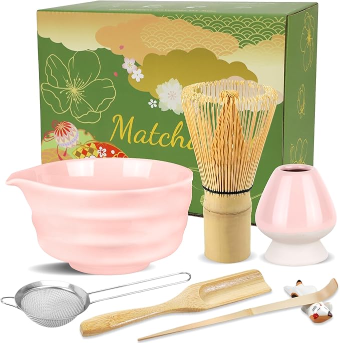 7 Pcs Matcha Whisk Set with Ceramic Bowl, Whisk, Bamboo Spoon, Holder, Sifter, Scoop and Scoop Holder, Tea Kit for Matcha Lover (Pink)