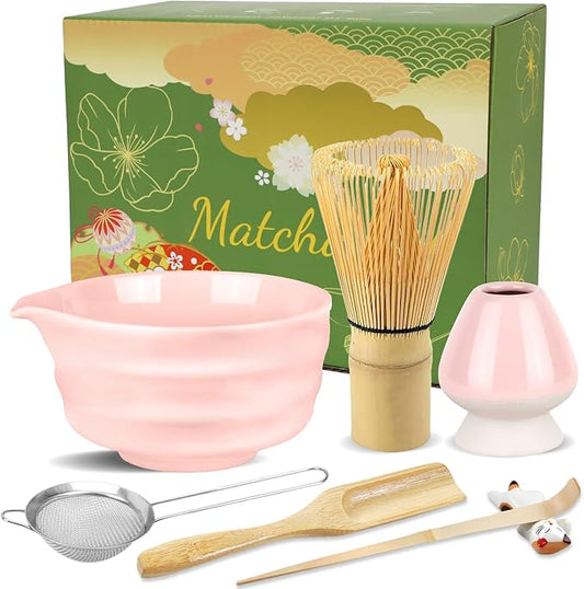 7 Pcs Matcha Whisk Set with Ceramic Bowl, Whisk, Bamboo Spoon, Holder, Sifter, Scoop and Scoop Holder, Tea Kit for Matcha Lover (Pink)