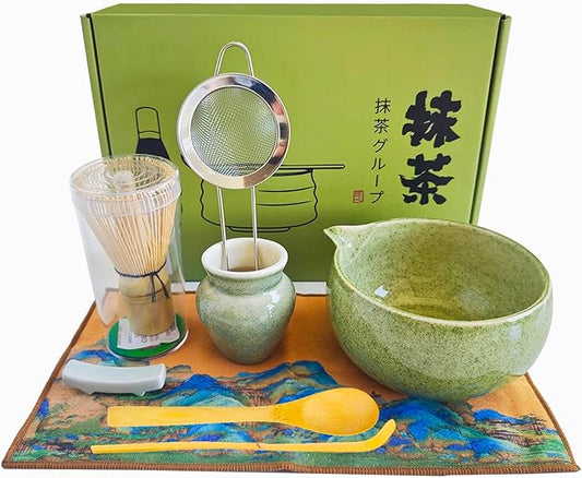 8 Pcs Matcha Whisk Set, Matcha Bowl with Spout, Matcha Whisk Holder, Scoop, Sifter, Matcha Kit for Ceremony, Gift for Matcha Lovers on Christmas, Birthday, Halloween
