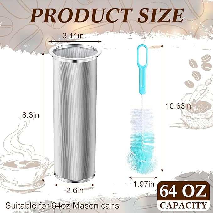 Cold Brew Coffee Filter with Brush Tea Infuser Strainer for 64 Oz/2 Quart Wide Mouth Mason Jar 304 Stainless Steel Food Grade Filter with Sealing Ring for Iced Drink Fruit Tea Coffee Maker