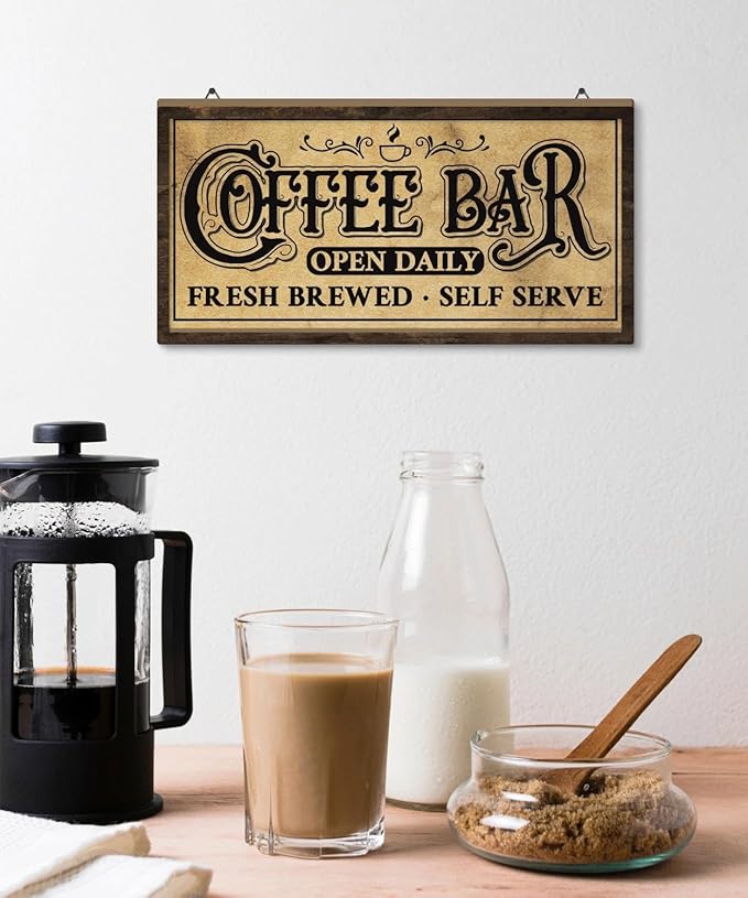 Putuo Decor Vintage Coffee Bar Sign, Farmhouse Coffee Accessories for Cafe Station Wall Decor, Small Cafe Sign for Home Kitchen Countertop Decoration