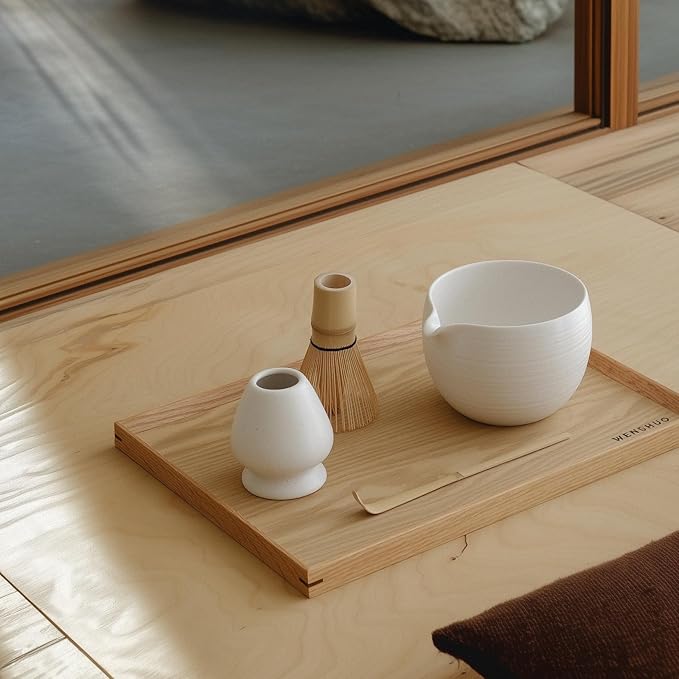 Matcha Whisk Set, Ceramic Matcha Bowl & Whisk Holder, Bamboo Accessory, Modern Design (Matte Crème, Pouring Spout) (Matte White)
