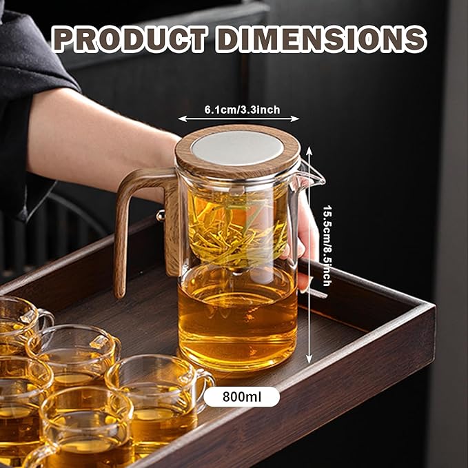 Enchanti Tea Pot with Infusers for Loose Tea, 800ml/27.1oz Magic Teapot Infuser Pot, Water Separation Glass Teapot with Wooden Handle