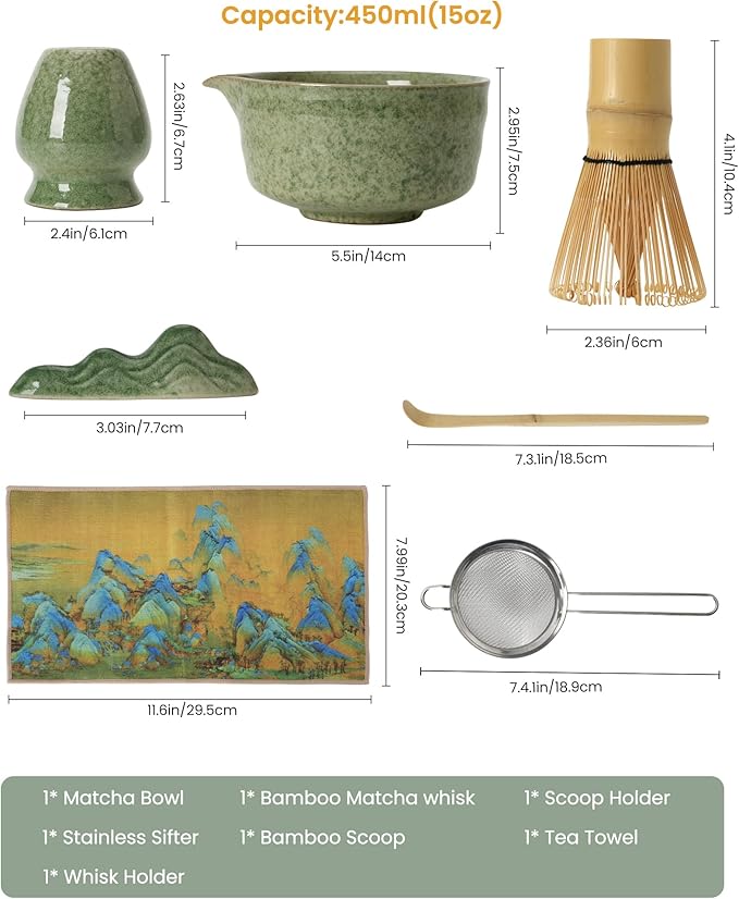 Matcha Whisk Set Ceramic Matcha Kit Set Includes Matcha Bowl, Matcha Whisk and Holder, Bamboo Scoop, Scoop Rest, Sifter and Tea Towel - 7 Pcs Matcha Kit for Matcha Lovers (Matcha Green)