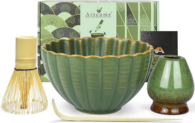 Artcome Matcha Tea Set - 17oz Petal-Shaped Matcha Bowl, Bamboo Whisk, Scoop, Whisk Holder & Brewing Guide, Japanese Tea Ceremony Tools for a Perfect Matcha Experience, Matte Green