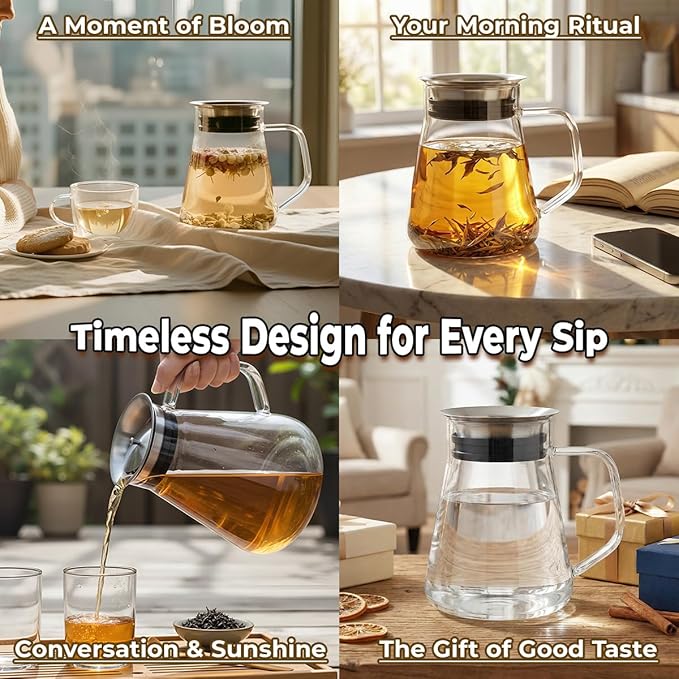 Aquach 27oz Glass Teapot with Smart Filter Lid, Stovetop Safe Borosilicate Glass Tea Kettle with Built-in Stainless Steel Infuser, Dishwasher Safe Hot & Iced Tea Maker, Plastic-Free