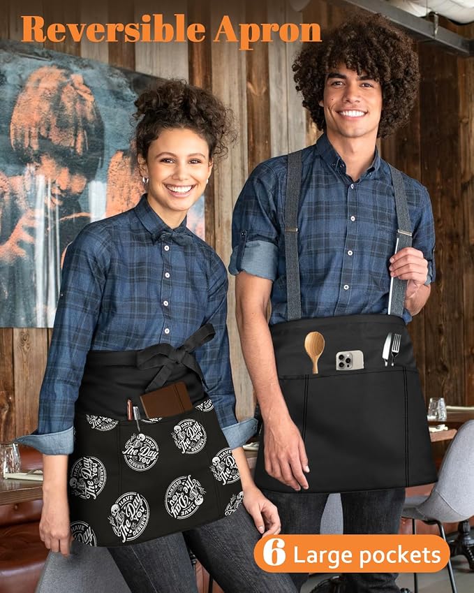 Slohif Reversible Server Apron 6 Pockets - Waist Apron for Waitress Women Half Serving Short Apron for Waiter - Image 3