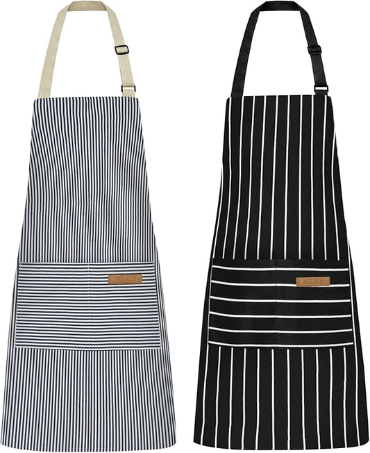 NLUS 2 Pcs Kitchen Cooking Aprons, Poly/Cotton Blend Adjustable Soft Bib Stripe Aprons with 2 Pockets for Women Men Chef (Blue Pinstripes/Black Stripes)