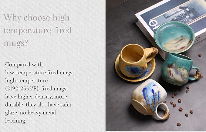 8oz Handmade Ceramic Tea Cup and Saucer set of 2, Small Artisanal Mug with saucer set , Lead-Free Latte Art Mug, Handcrafted Pottery tea mug with handle, Matching and Couple cups (White+Green set )
