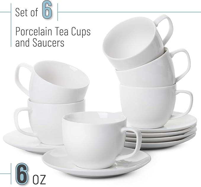 BTaT- Cappuccino Cups with Saucers 6 oz, Set of 6, White Porcelain Coffee Cup and Saucer Set for Latte, Mocha, Tea, Au Lait, Flat White, Dishwasher, Microwave, Freezer and Oven Safe