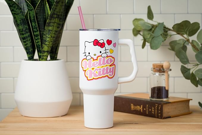Silver Buffalo Sanrio Hello Kitty Name and Hearts Double Walled Stainless Steel Tumbler with Handle and Straw, Fits in Standard Cup Holder, 40 Ounces