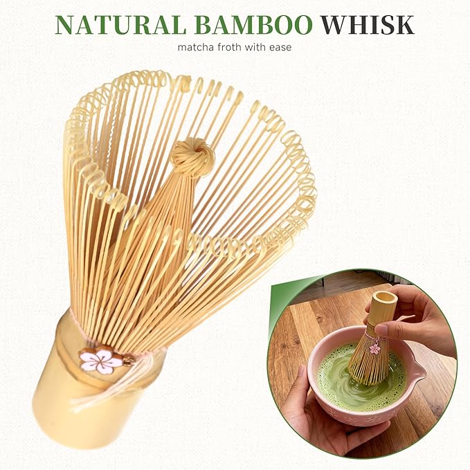 Matcha Whisk Set, Japanese Tea Ceremony Utensils (8 PCS) with Matcha Bowl with Spout (19 oz), Bamboo Whisk, Scoop, Holder, Sifter, Tea Towel – Authentic Matcha Set & Gift Box (Pink)