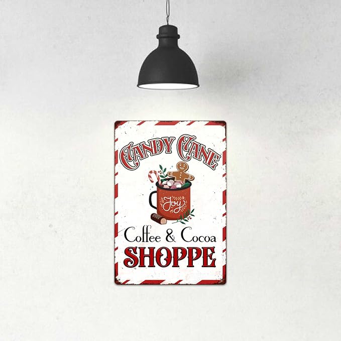 Candy Cane Coffee And Cocoa Shoppe Metal Tin Sign Farmhouse Christmas Decorations Vintage Retro Poster For Coffee Bar Home Cafe Wall Decor Art Winter Decoration Hanging Plaque 8 X 12 Inch - Image 3
