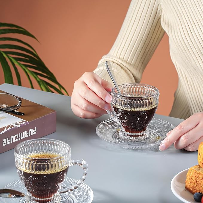 Glass Teacups and Saucers Set of 6, Vintage Coffee Mugs with Stainless Steel Spoon, Dishwasher & Microwave Safe Teacups for Espresso Cappuccino Latte Tea Juice, 7OZ/210ML, Clear