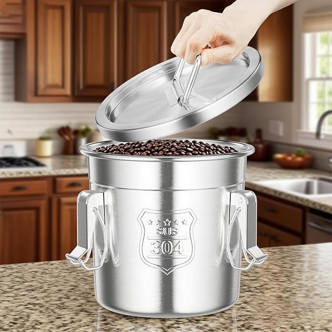 1.6Gal/6L Stainless Steel Airtight Canister, Airtight Food Storage Container with Lid and Lock Clips, 304 Stainless Steel Canister for Rice, Flour, Grain, Coffee Bean