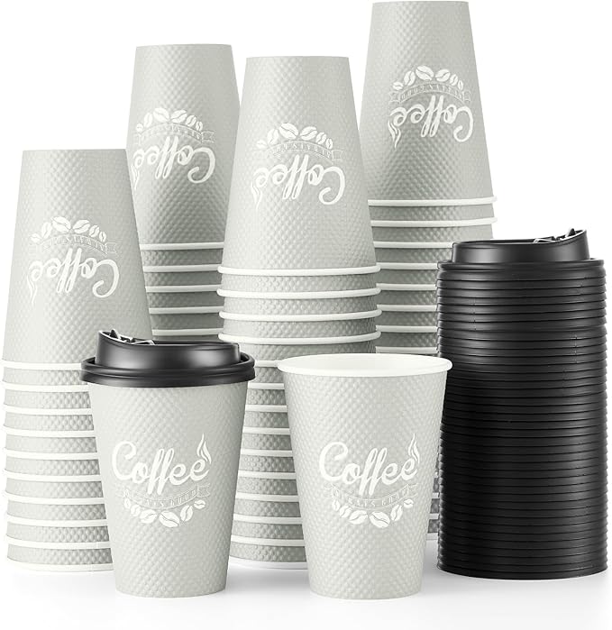 Tamone 100 Pack 12 oz Disposable Coffee Cups with Lids, Insulated Ripple Double-Walled Paper Coffee Cups for Hot Beverages, Cold/Hot Drinking To Go Coffee Cups with Lids for Parties and Travel (Grey)
