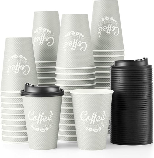 Tamone 100 Pack 12 oz Disposable Coffee Cups with Lids, Insulated Ripple Double-Walled Paper Coffee Cups for Hot Beverages, Cold/Hot Drinking To Go Coffee Cups with Lids for Parties and Travel (Grey)