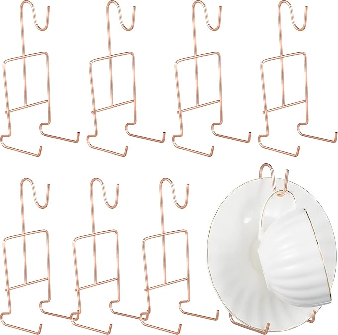 Vesici 8 Pcs Tea Cup and Saucer Display Stand Metal China Teacup Holder Rack Saucer Organizer Coffee Mug Hanger Stand Tray for Afternoon Tea Party Cabinet Counter Bar(6.22 x 2.44 Inch,Rose Gold)
