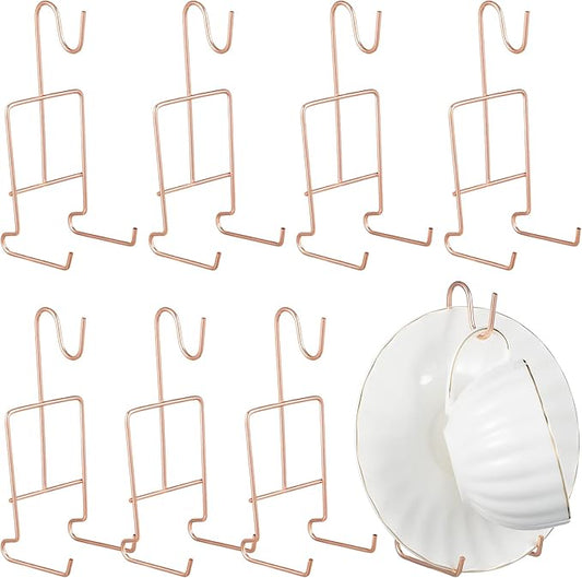 Vesici 8 Pcs Tea Cup and Saucer Display Stand Metal China Teacup Holder Rack Saucer Organizer Coffee Mug Hanger Stand Tray for Afternoon Tea Party Cabinet Counter Bar(6.22 x 2.44 Inch,Rose Gold)
