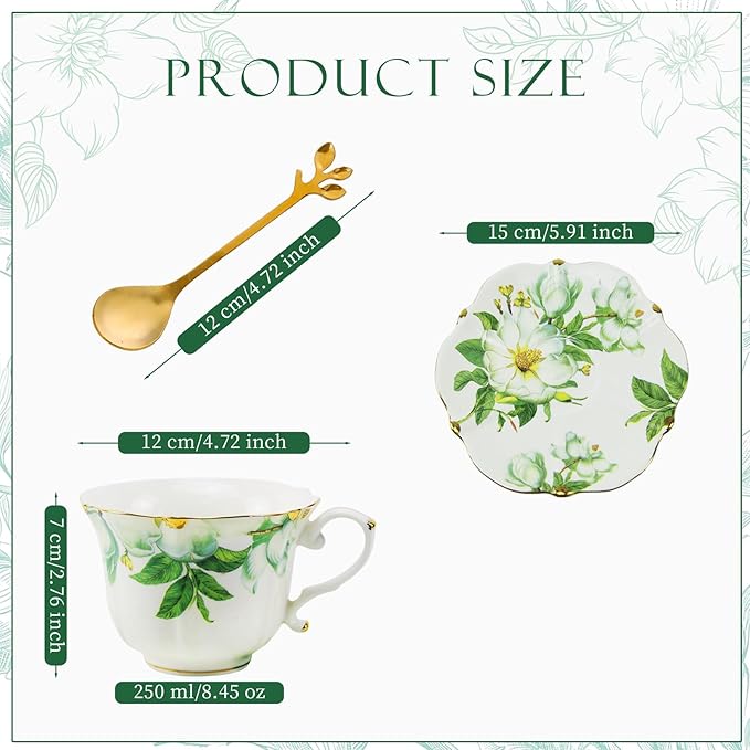 Country Roses Porcelain Tea Cup and Saucer Set with Gold Trim, Vintage Style, For Women and Tea Parties (6, Green)