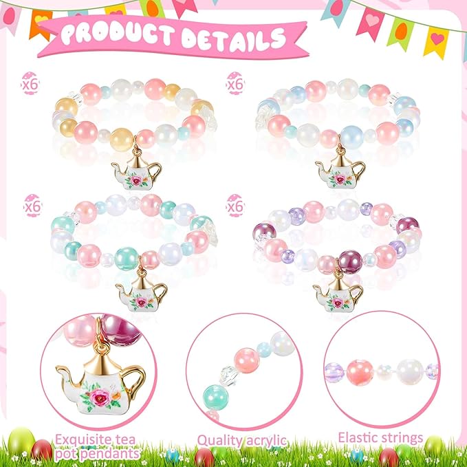 Ecally 24 Pcs Tea Party Favors Bracelet Bulk Tea Pot Beaded Bracelet Gift Party Supplies Pot Pendant Accessories Decorations for Kids Girl
