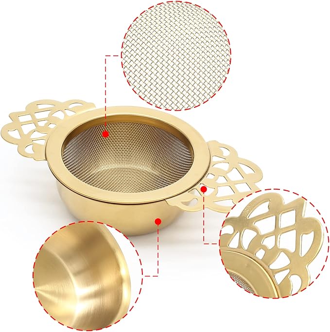 2 Pack Tea Strainer Bowl, Stainless Steel Loose Leaf Tea Filter for 2.5-4 Inch Cup Mouth, Gold