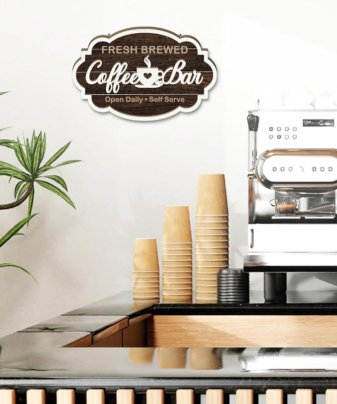 Putuo Decor Vintage Coffee Bar Sign, Farmhouse Coffee Accessories for Cafe Station Wall Decor, Elegant Double-Layer Cafe Sign for Home Kitchen Countertop Decoration, 11.5×7.5in