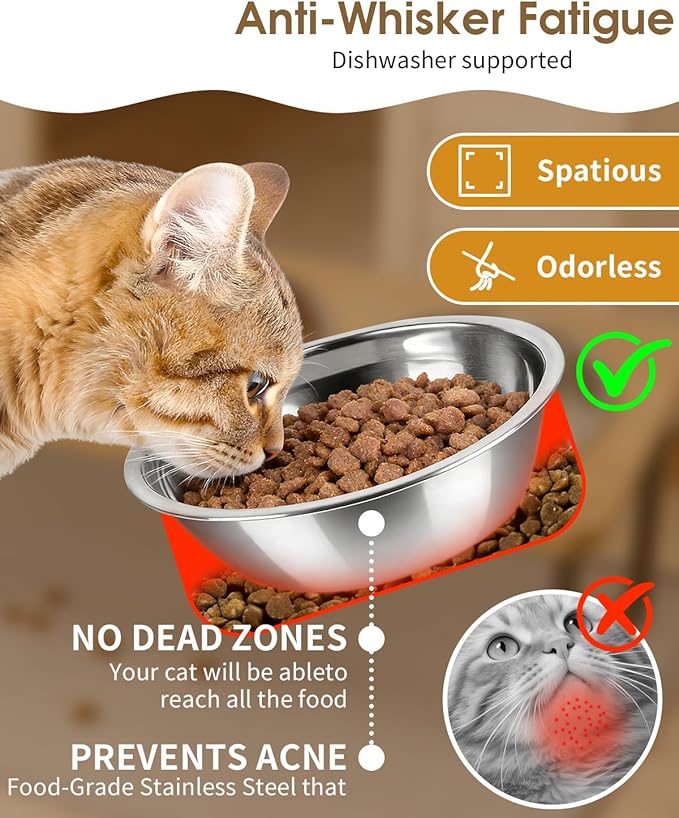 Elevated Cat Bowls, 15°Tilted Raised Cat Food Bowls with Mat, Cat Food and Water 3 Stainless Steel Bowl Set for Indoor, Anti-Vomiting, Whisker Fatigue.