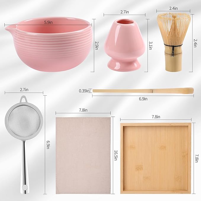 Ceremony Pink Matcha Kit - Traditional Bamboo Matcha Whisk (Chasen) Scoop (Chashaku) Chawan Bowl with Pouring Spout Whisk Holder Sifter Tea Tray- The Perfect Matcha Set (Baby Pink, Set of 6)