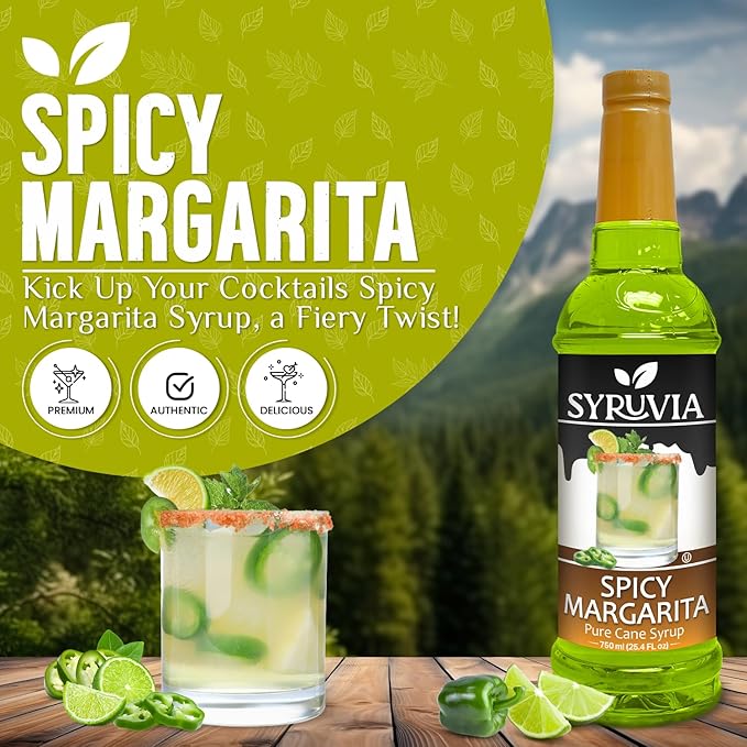 Syruvia Spicy Margarita Syrup, Flavored Syrup for Cocktails, Drinks, Lemonades, Iced Teas, and Desserts – 25.4 fl oz, With Pump