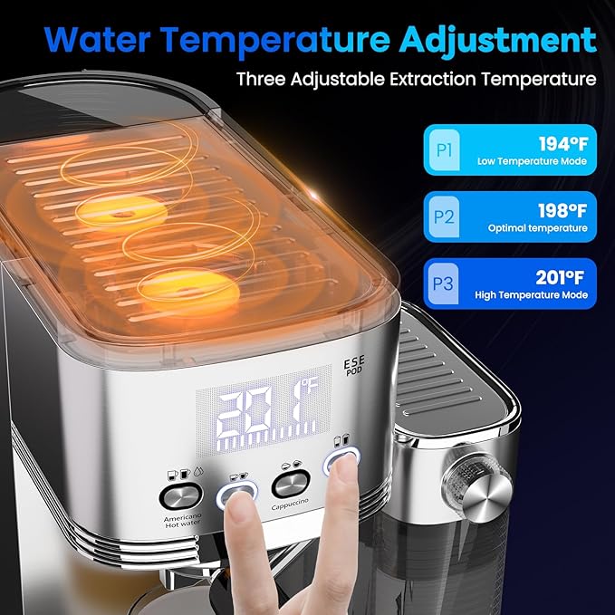 Espresso Machine 20 Bar Temperature Time LED Display Espresso Maker with Stepless Adjustable Automatic Milk Frother for Cappuccino Latte Americano Stainless Steel Coffee Machine with ESE Pod Filter