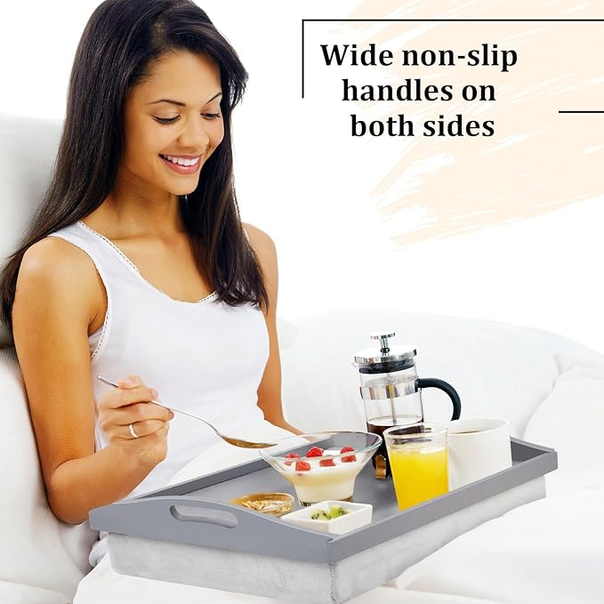 Tioncy 1 Piece Bamboo Lap Tray with Detachable Pillow 16.9'' x 13'' Lap TV Trays Desk with Handles for Adults Eating in Recliner Breakfast Housewarming Gift (Grey)