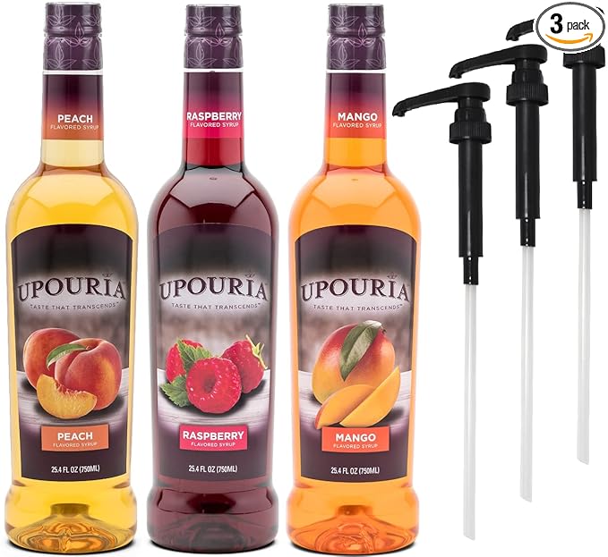 Upouria Coffee & Tea Syrup Variety Pack, Raspberry, Mango, and Peach Flavoring, 100% Vegan, Gluten-Free, Kosher, 750 mL Bottles with 3 - Coffee Syrup Pumps