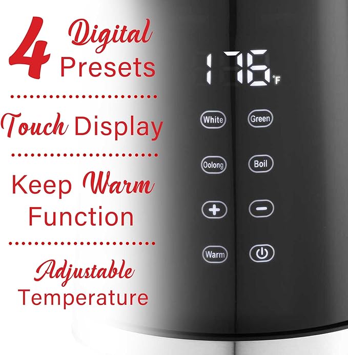 Brentwood 1100W 1.7L Cordless Cool Touch Digital Kettle with Stainless Steel Interior, Temperature Control with 4 Presets, 360° Base, Auto Shut-Off, Keep Warm, & Boil Dry Protection (Black, 7.2 Cups)
