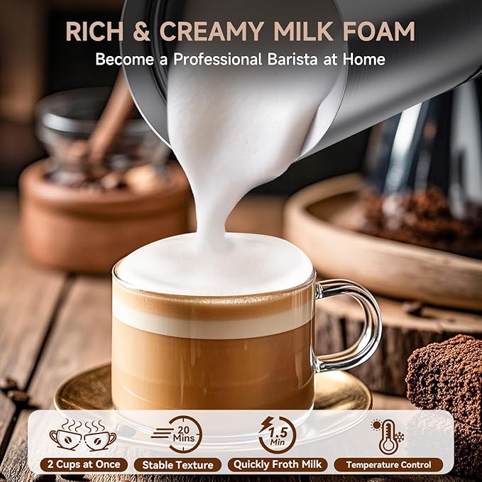 Milk Frother, 4 in 1 Milk Frother and Steamer with Two Whisks, Frothing Whisk and Heating Whisk, Automatic Warm and Cold Foam Maker for Coffee Latte Cappuccino Macchiato Hot Chocolate Matcha