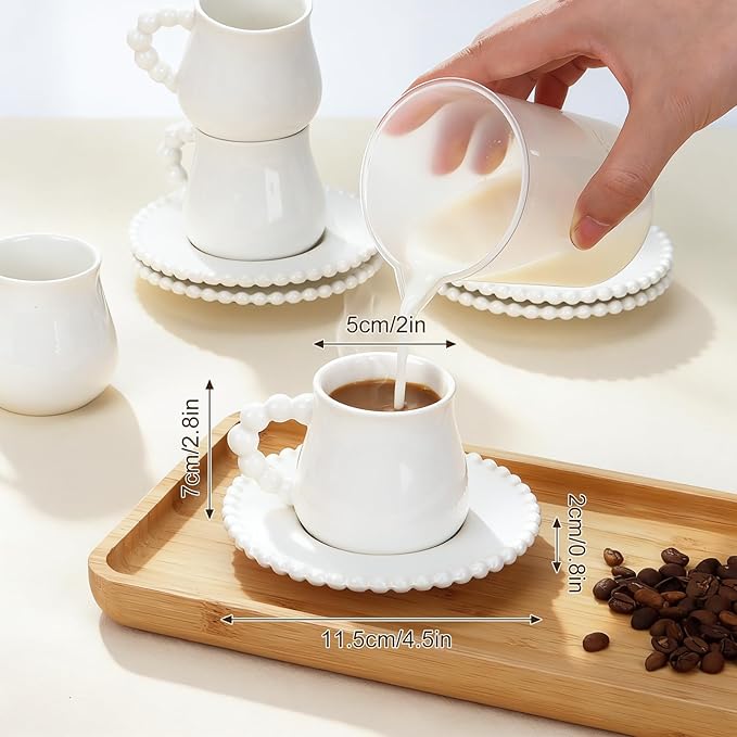 Coffee Cup Set of 6 with Saucers, 3.5 OZ Ceramic Espresso Cups, Elegant Deco Turkish Coffee Cup Gift for Cappuccino, Latte, Cafe Mocha and Tea, Dishwasher & Microwave Safe (Pearl White)