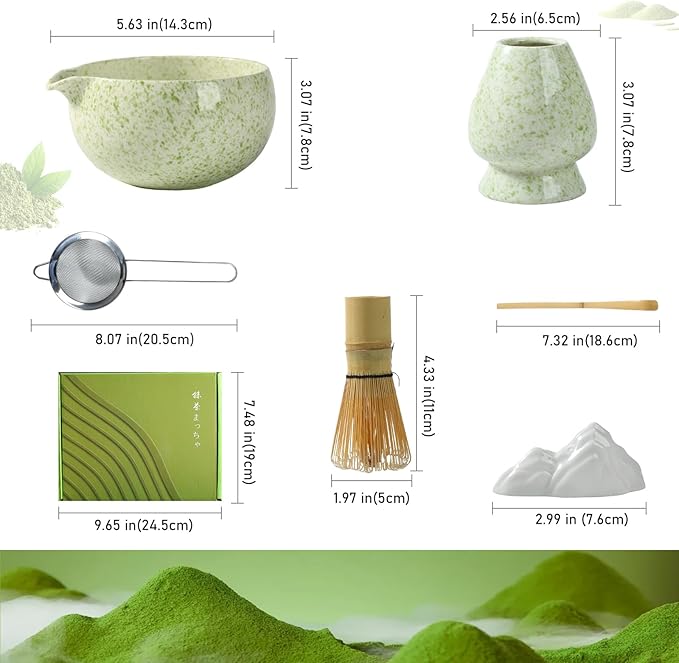 Matcha Whisk Set, Ceramic Matcha Bowl with Spout, Bamboo Whisk, Scoop, Holder, Sifter, Tea Towel, 7-Piece Artisan Wave Matcha Kit Set for Making Breakfast/Latte, Round Green, Large
