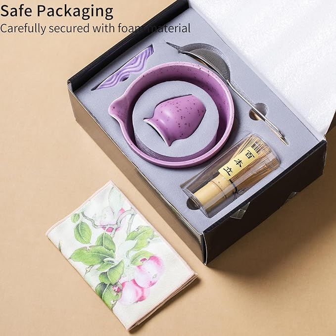 7Pcs Japanese Matcha Tea Set, Matcha Kit with Matcha Bowl (with Pouring Spout), Matcha Whisk, Whisk Holder, Strainer - Elegant Matcha Set for Gifting and Personal Use, Gift Box Packaging (Purple;)