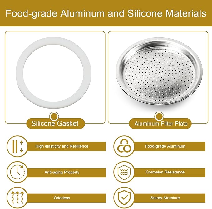 Moka Pot Spare Parts Replacement for Bialetti 3/4 Cups, Moka Pot 3 Cup Silicone Gasket and Food-grade Aluminum Filter Plate Compatible with Moka Express, Fiammetta Moka Pots, 6 Pcs Gasket and 2 Plate.