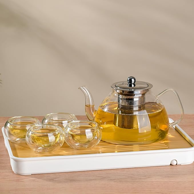 1200ml/40 oz Glass Teapot with 4 Double Wall Teacups and Removable Stainless Steel Infuser, Tea Sets for Adults, Clear Tea Kettle Stovetop Safe for Loose Leaf and Blooming Tea,Gifts for Christmas