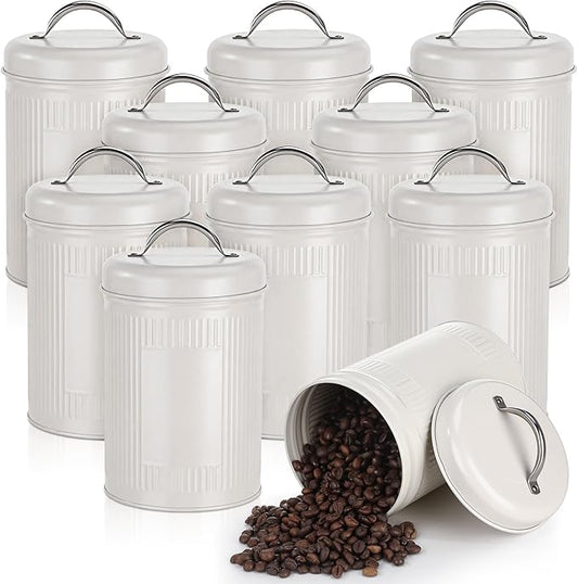 LemonRoad 10 Pack Farmhouse Coffee Canister Storage Container, 48 oz Vintage Coffee Bean Airtight Jar with Lids, Metal Food Tins, Kitchen Countertop & Pantry Organization for Candy Sugar Cookie Tea