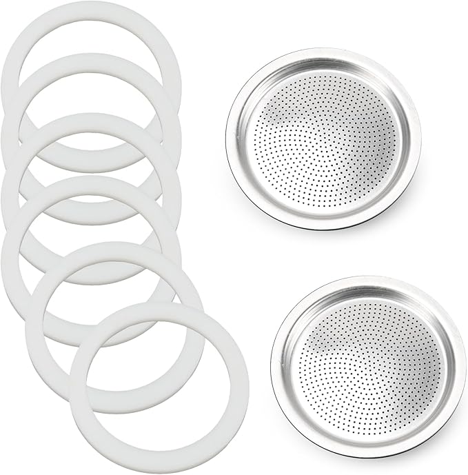 Moka Pot Spare Parts Replacement for Bialetti 9 Cup, Moka Pot 9 Cup Silicone Gasket and Food-grade Aluminum Filter Plate Compatible with Moka Express/Moka Induction/Venus, 6 Pcs Gasket and 2 Plate.