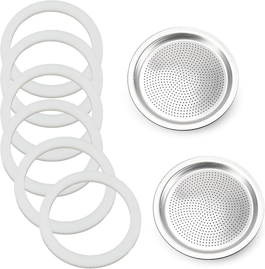 Moka Pot Spare Parts Replacement for Bialetti 9 Cup, Moka Pot 9 Cup Silicone Gasket and Food-grade Aluminum Filter Plate Compatible with Moka Express/Moka Induction/Venus, 6 Pcs Gasket and 2 Plate.