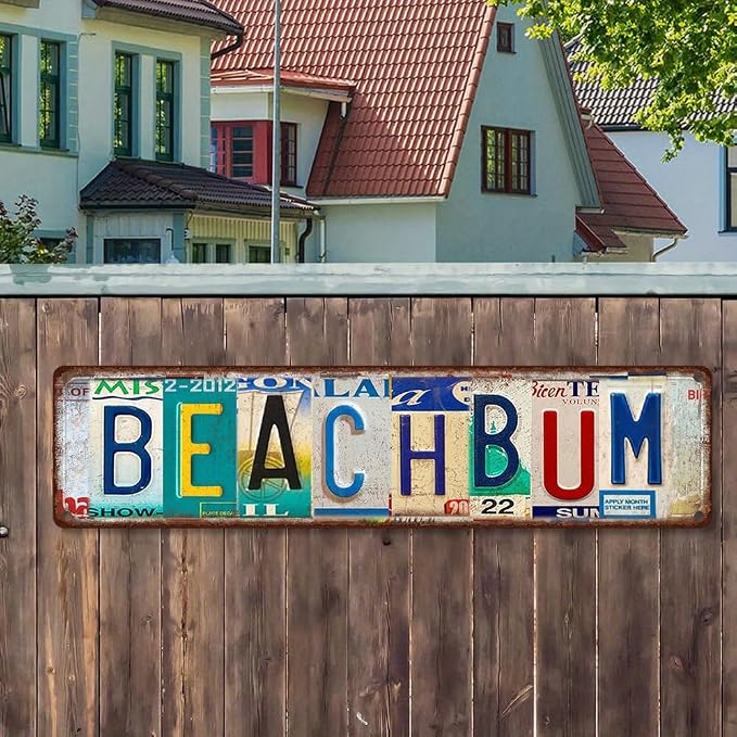 Vintage License Plate BEACH BUM Sign – 16x4 Inch Rustic Tin Wall Décor for Beach House, Coastal Cottage, Patio, Poolside or Tropical Bar - Image 4