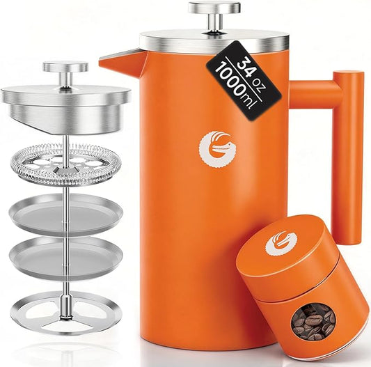 Coffee Gator French Press Coffee Maker 34oz, Double Insulated Stainless Steel Brewer plus Travel Jar Canister, Portable Hot Cold Brew Tea for Coffee Bar Accessories Kitchen Camping, Orange